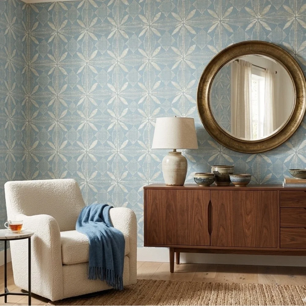 NWT Thibaut Wallpaper T15842 Tortuga Batik Light Blue 1 dbl Roll Vinyl Coastal